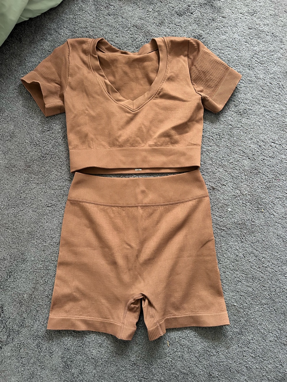 Two-Piece Ribbed Crop Top & Short Set in tan/brown